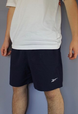 VINTAGE REEBOK SHORTS IN NAVY WITH POCKETS, EMBROIDERED LOGO