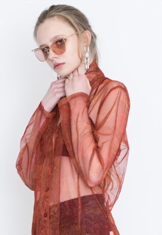 VINTAGE RED SEE THROUGH PATTERNED LONG SLEEVE RETRO SHIRT
