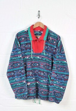 Vintage Fleece 1/4 Zip Retro Pattern Red/Green Medium