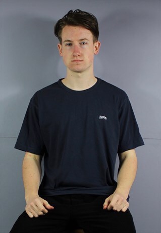 VINTAGE HUGO BOSS T-SHIRT IN NAVY BLUE WITH PRINTED LOGO. SI