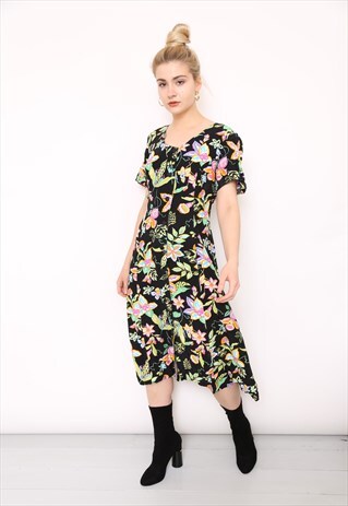 VINTAGE 90S MULTICOLOURED FLORAL BUTTON MIDI DRESS