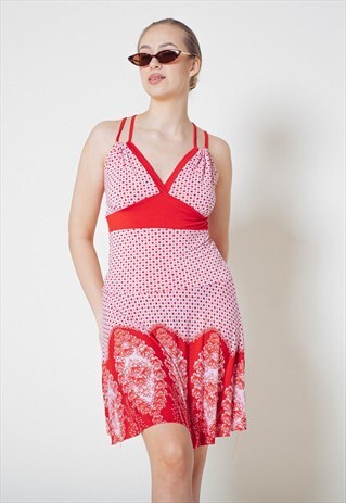VINTAGE Y2K STRAPPY RED PATTERN POLKA DOT MIDI DRESS S