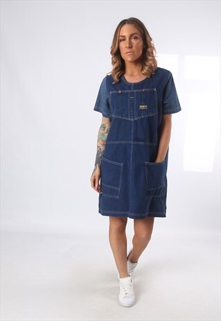 DENIM DRESS BICH REWORKED SHORT VINTAGE UK 10-12 (5AF)