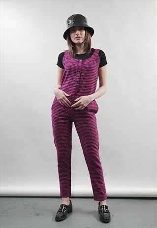 VINTAGE 80'S PINK AND NAVY CHECKED ROMPER DUNGAREES