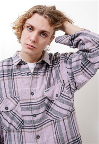 VINTAGE 80S CASUAL LAVENDER CHEKERED BUTTON UP FLANNEL SHIRT