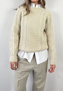 Vintage Wool Jumper 90s Hand Knitted Cable Knit Cream M
