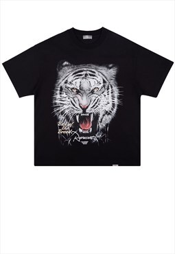 Tiger print t-shirt Y2K angry animal tee in black