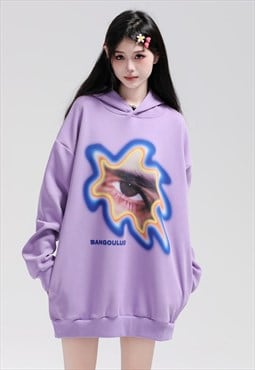 Eye print hoodie psychedelic pullover skater top in purple