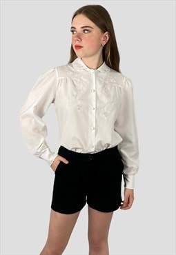 80's Vintage Ladies White Long Sleeve Embroidery Blouse