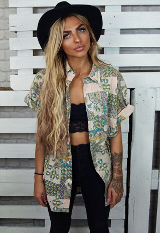 PATCHWORK PRINT VINTAGE UNISEX SHORT SLEEVED SHIRT