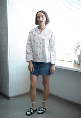 VINTAGE 80'S FLOWER PATTERNED WHITE SHIRT
