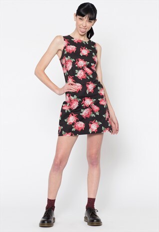 BLACK SHIFT DRESS WITH FLORAL PRINT