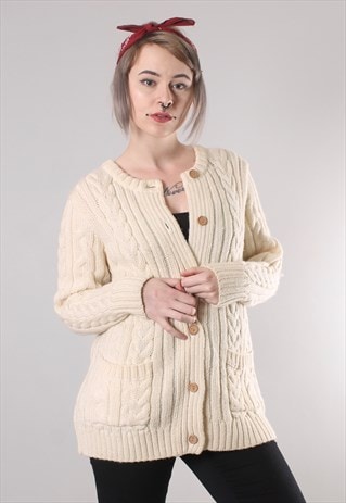 VINTAGE 80S CABLE KNIT OVERSIZE WOOL KNIT CARDIGAN
