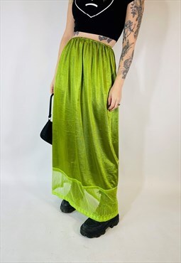 Vintage 90s 00s Y2K Grunge Satin Lace Green Maxi Skirt