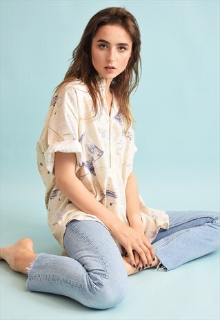 90'S RETRO ABSTRACT PRINT OVERSIZED NEUTRAL DADS BLOUSE TOP