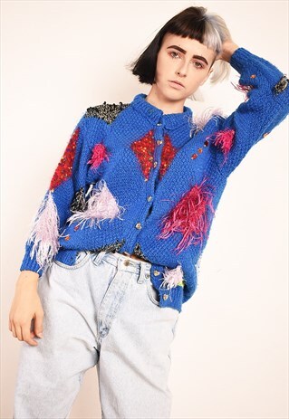 80'S RETRO HANDKNIT JAZZY COLOUR BLOCK FURRY FLUFFY CARDIGAN