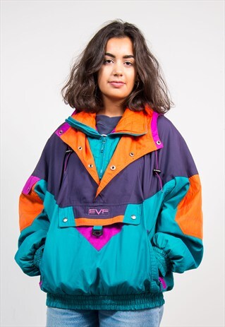 90'S VINTAGE BRIGHT COLOUFUL HOODED PULLOVER SKI COAT