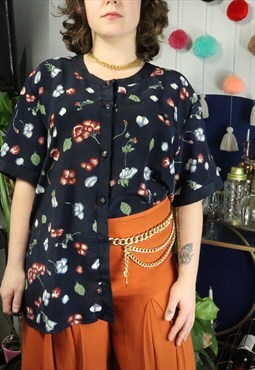 Vintage 90s Navy Blue Floral Flowery Flowers Shirt Blouse