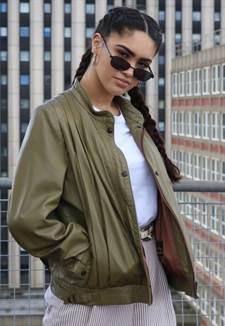 REAL LEATHER BIKER, BOMBER JACKET IN GREEN