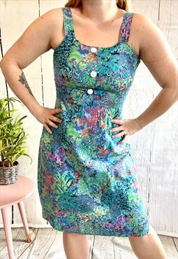 Vintage Green & Blue Floral Strappy Button 80's Midi Dress