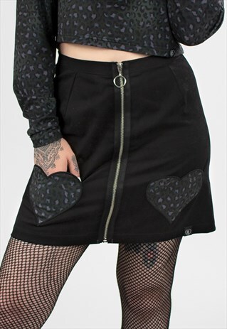 'CHEETAH' ANIMAL PRINT HEART POCKETS ZIP BLACK MINI SKIRT
