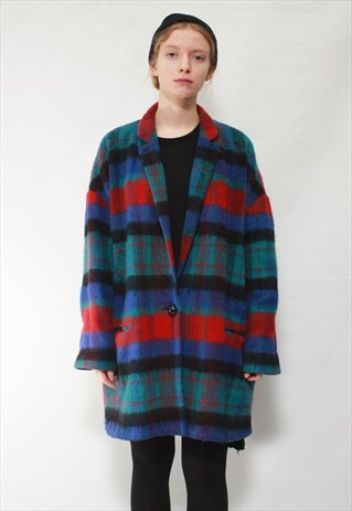 VINTAGE 90' AMAZING CHECKED BLUE WINTER COAT