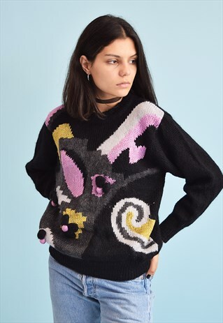 80'S RETRO ABSTRACT PATTERN KNIT WOOLEN JUMPER