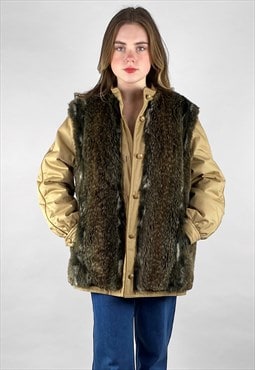 70's Vintage Ladies Faux Fur Gilet Beige Brown Coat