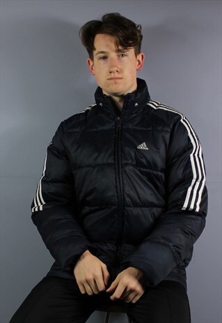 VINTAGE ADIDAS HOODED PADDED RAIN COAT IN NAVY BLUE WITH EMB