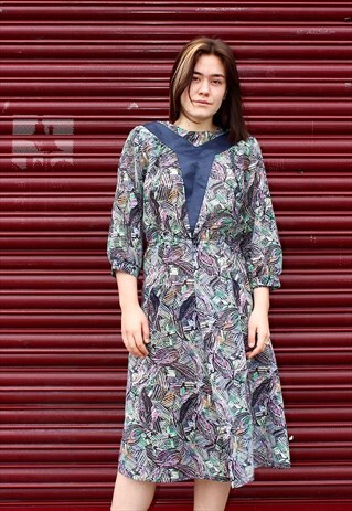 80S ABSTRACT PRINT MIDI DRESS