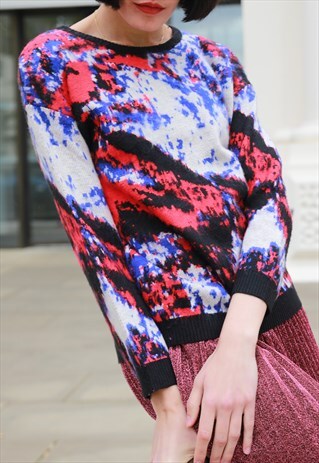 MULTI COLOR PRINT BRUSHED WOOL BLEND SOFT KNITTED JUMPER