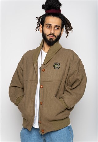 OLIVE GREEN LACOSTE BUTTON-UP LINED WOOL BOMBER JACKET M