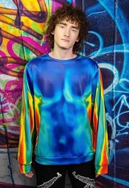 Body print sweatshirt thermal top raver jumper in acid blue