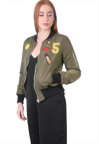 KHAKI LONG SLEEVES COLLARED SATIN BOMBER JACKET