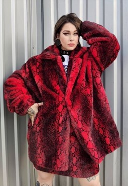 Python fleece jacket handmade faux fur snake trench coat red