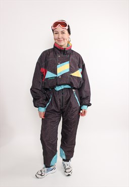 80s multicolor one piece ski suit, vintage snow suit, retro 