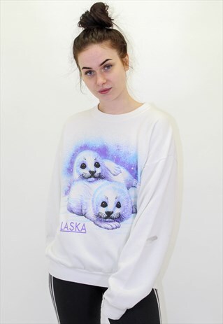 VINTAGE USA ALASKA GRAPHIC SWEATER SWEATSHIRT IN WHITE M