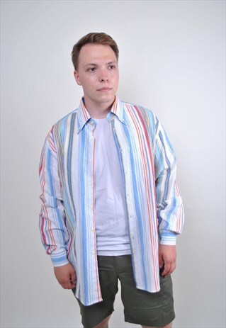 80S MULTICOLOR STRIPED SHIRT, OVERSIZE RAINBOW BUTTON DOWN
