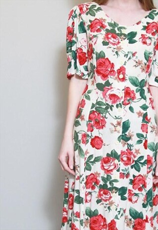 VINTAGE 1990'S FLORAL PRINTED BUTTON FRONT MAXI DRESS