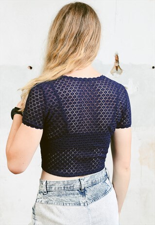 VINTAGE 90S BLUE LACE CROP TOP T-SHIRT