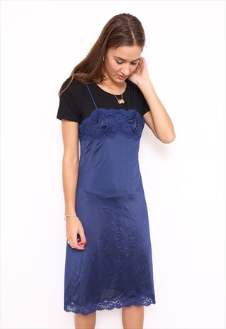VINTAGE 90S NAVY LACE SLIP DRESS