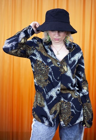 VINTAGE 80S SHIRT BLACK BROWN WHITE LEOPARD ANIMAL PRINT