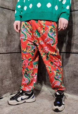 Dragon print joggers slim fit cuffed floral overalls in red
