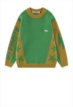 Star sweater knit preppy jumper varsity top in vintage green