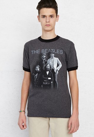 90S VINTAGE GREY THE BEATLES LOGO CREW NECK T-SHIRT