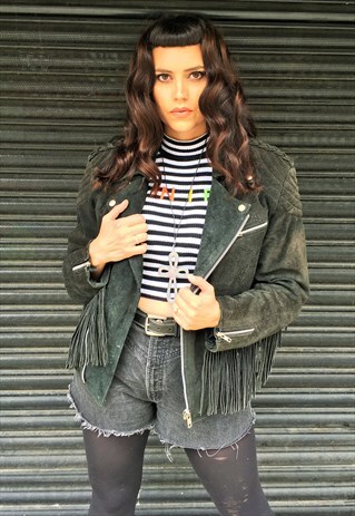 VINTAGE UNISEX BLACK SUEDE TASSEL BIKER JACKET