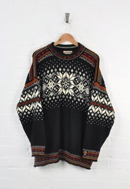 Vintage Knitted Jumper Nordic Pattern Wool Black XXL