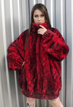 Python fleece jacket handmade snake faux fur bomber in red