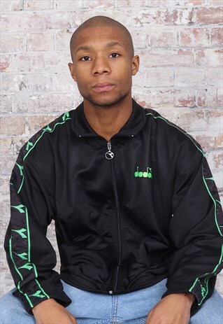VINTAGE DIADORA TAPE LOGO TRACK JACKET BLACK GREEN