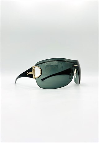 GUCCI SUNGLASSES SHIELD RIMLESS OVERSIZED WRAP VISOR D RING
